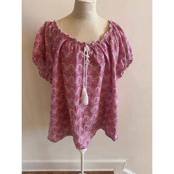 Ellos Peasant Blouse 1X 22/24 Apple Red Medallion Ruffle Trim Cap Sleeve Boho - Picture 1 of 12